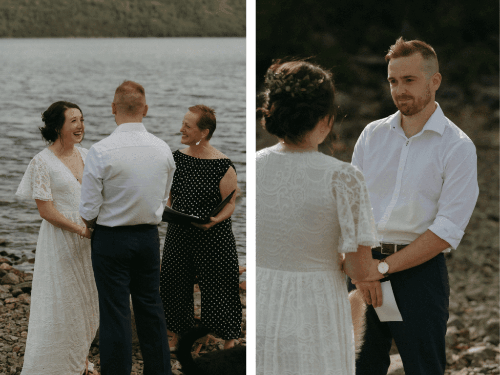 groom gazes at bride with admiration as she reads wedding vows in the golden hour light