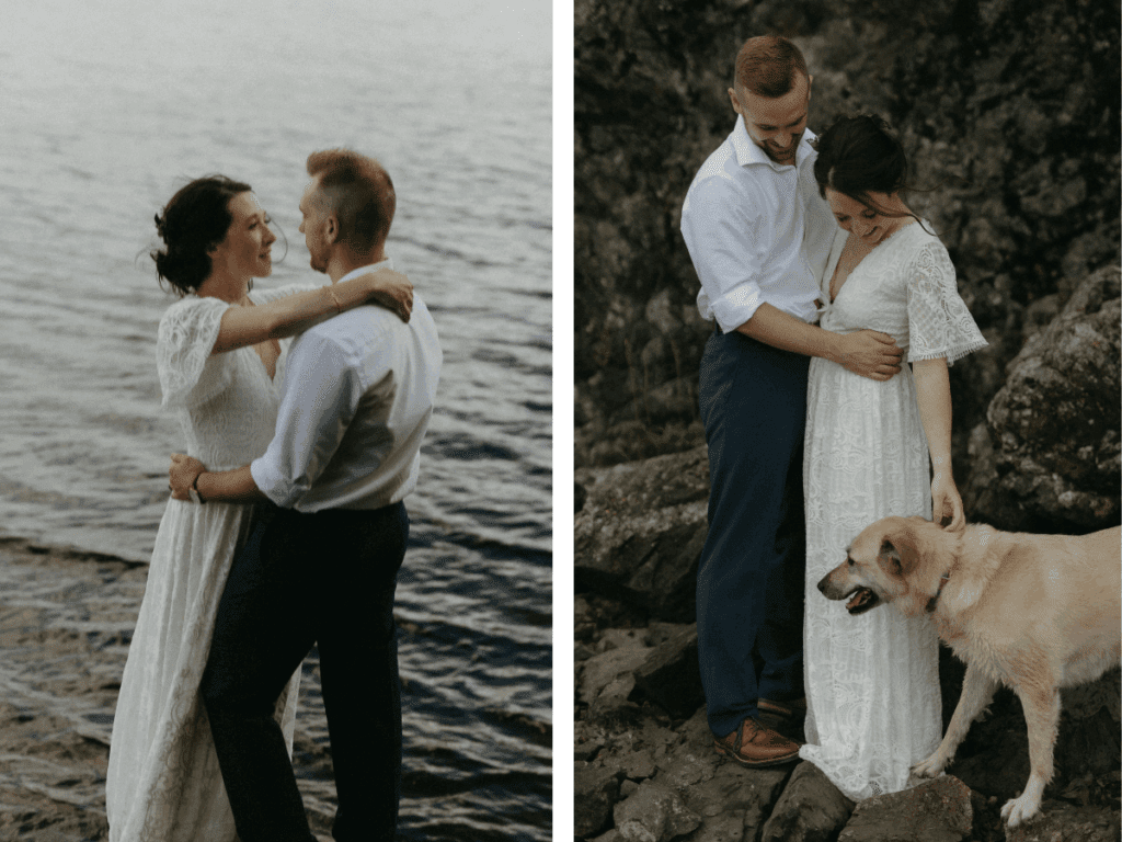 bride and groom pet their dog on a rocky lake shore in BC
