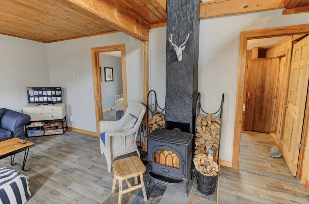 cozy interior with natural wood trimmings and a woodstove.