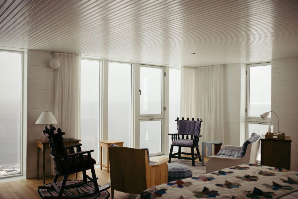 The cozy interior of a Fogo Island Inn room.