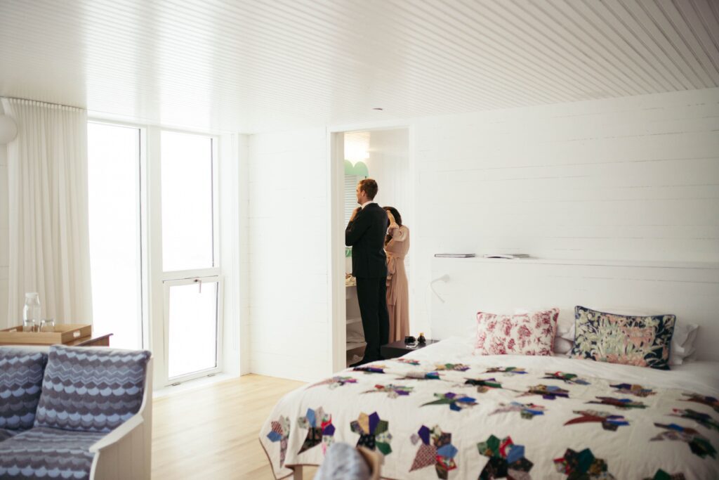 bride and groom getting ready inside the Fogo Island Inn