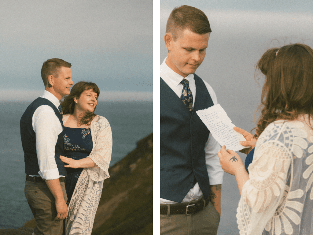 a diptych of a bride and groom reading vows to each other on the edge of a cliff during elopement ceremony