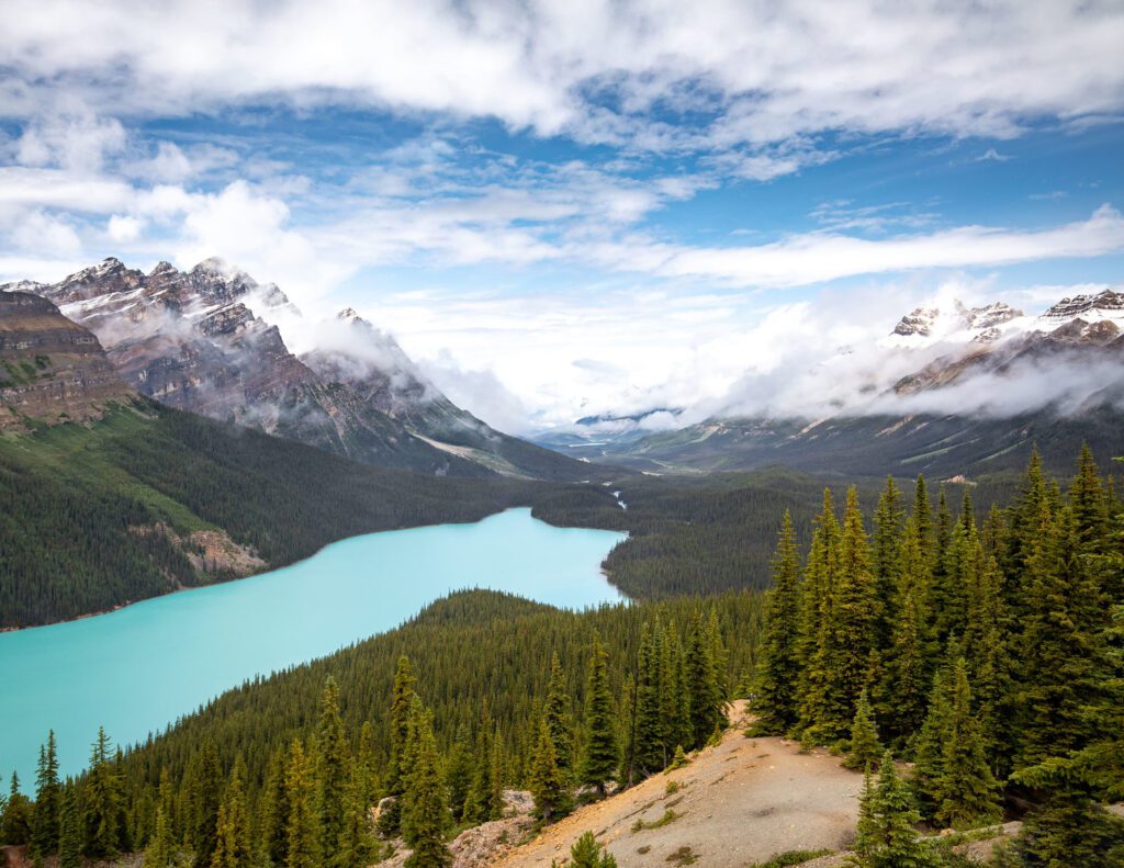 Peyto Lake in Banff National Park, a glacier blue lake with mountains on either side