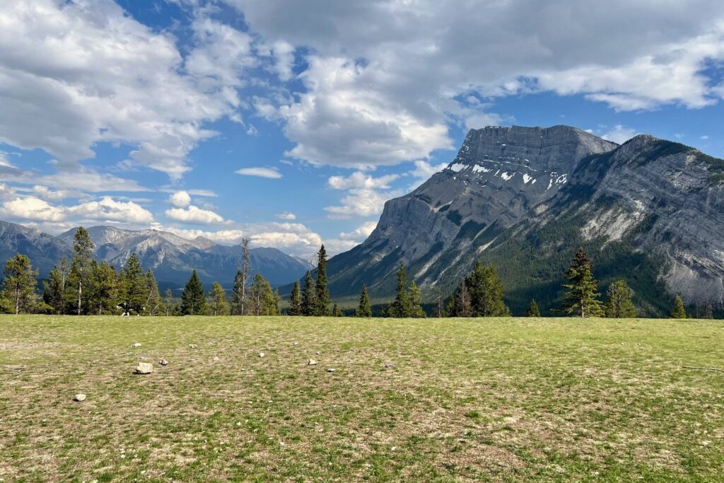 Tunnel Mountain Reservoir in Banff National Park, a grassy field with mountains in the background