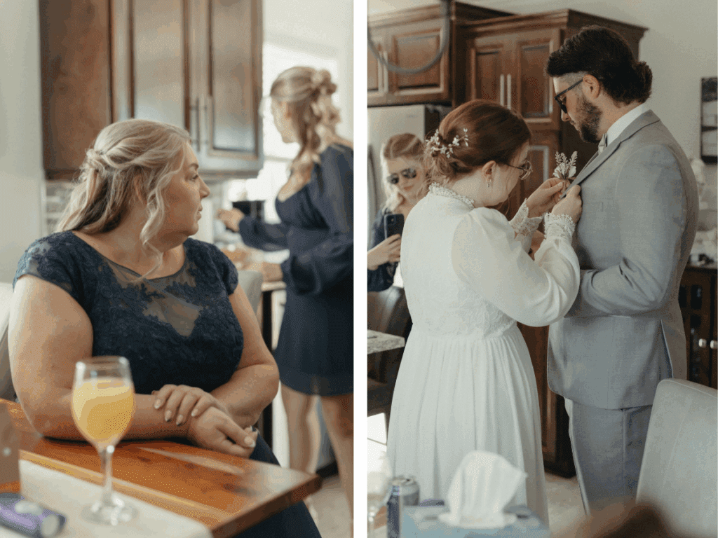 bride pins her brother's boutonniere as their mother watches emotionally 