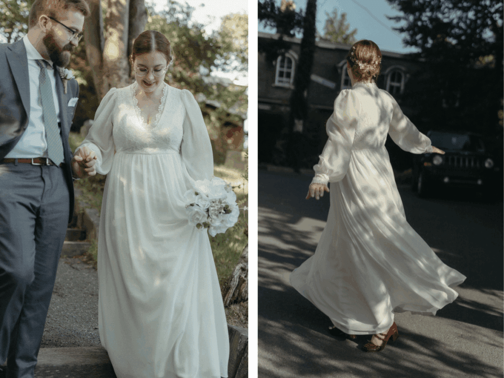 bride and groom walk through dappled light in historic St. John's neighbourhood