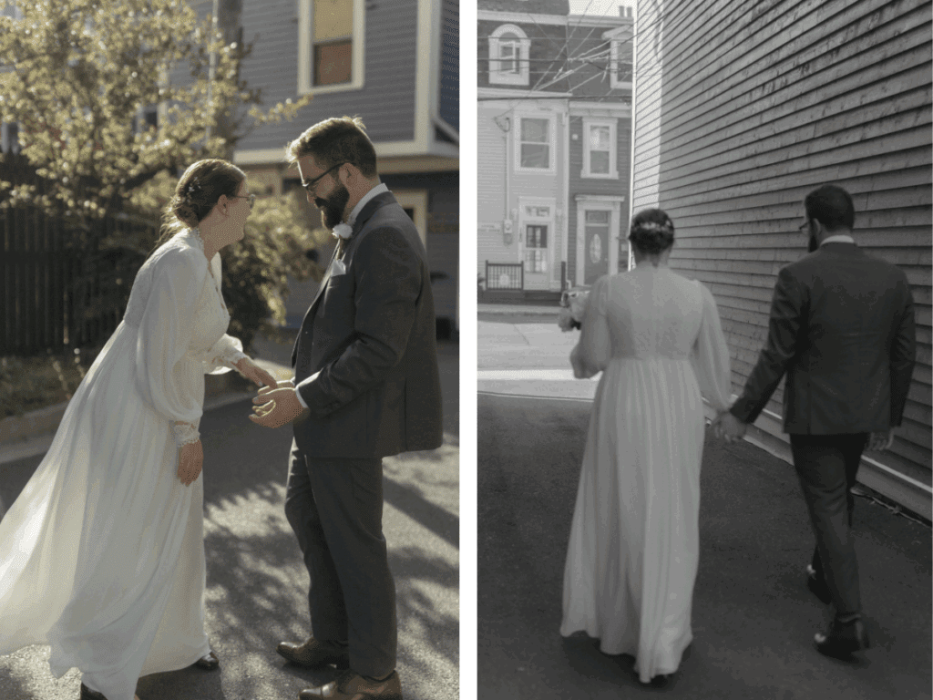 bride and groom laugh in dappled light in historic St. John's neighbourhood
