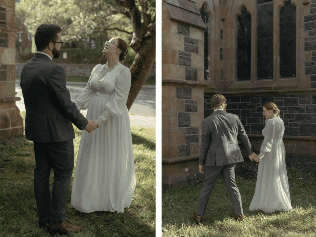 bride and groom walk past historic Anglican Cathedral in St. John's