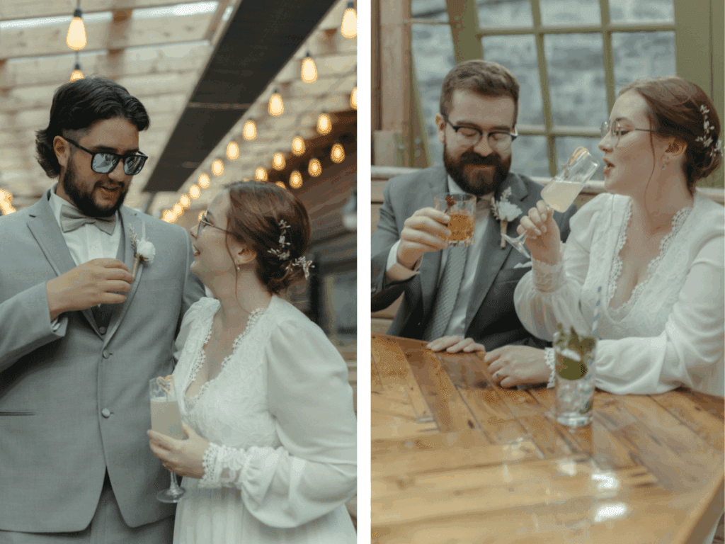 bride and groom sip cocktails on patio bar