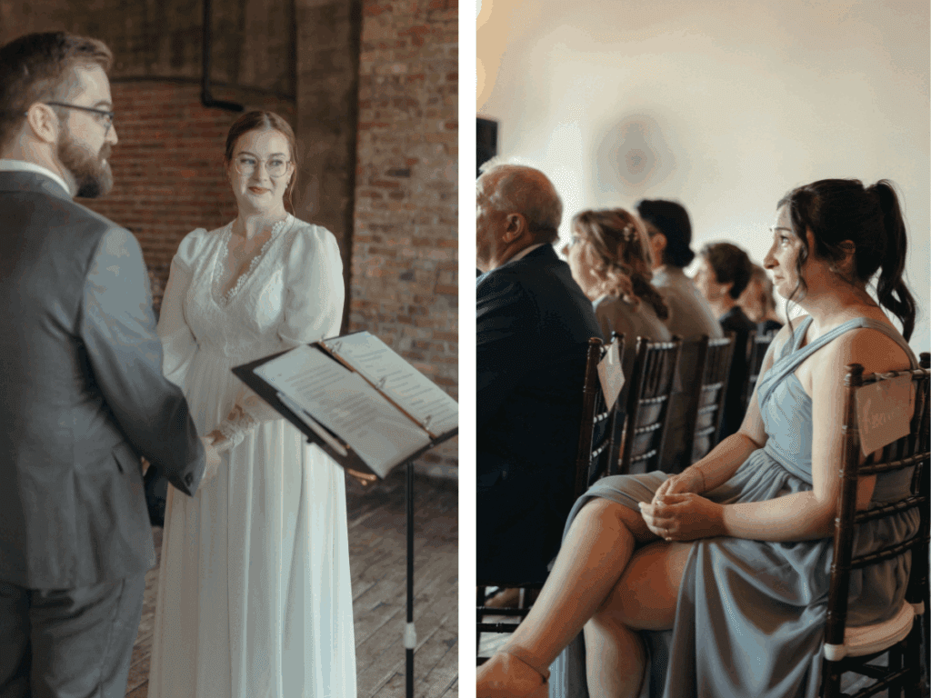 bride and groom smile at officiant as close friends shed tears