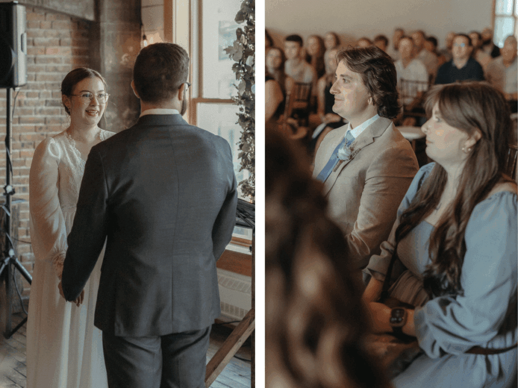 bride laughs at groom during ceremony while their friends watch with emotional faces