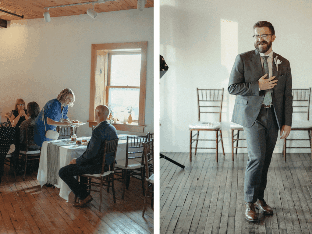 groom laughs with a hand over his heart