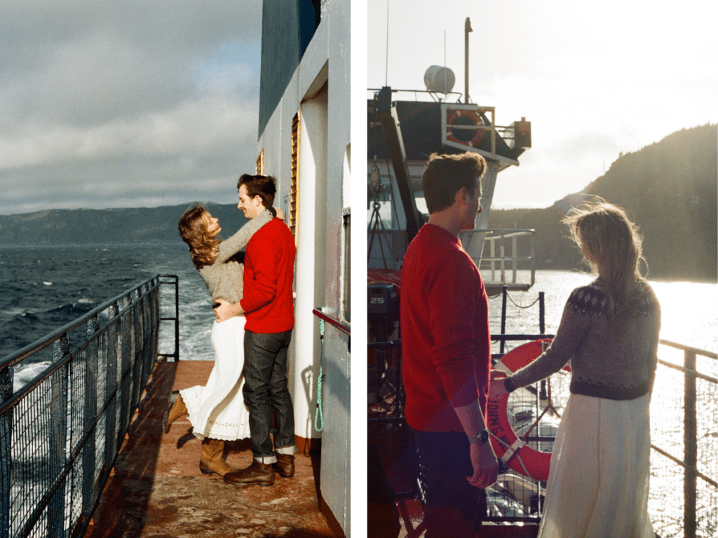 couple explore the deck of a ferry in the sun