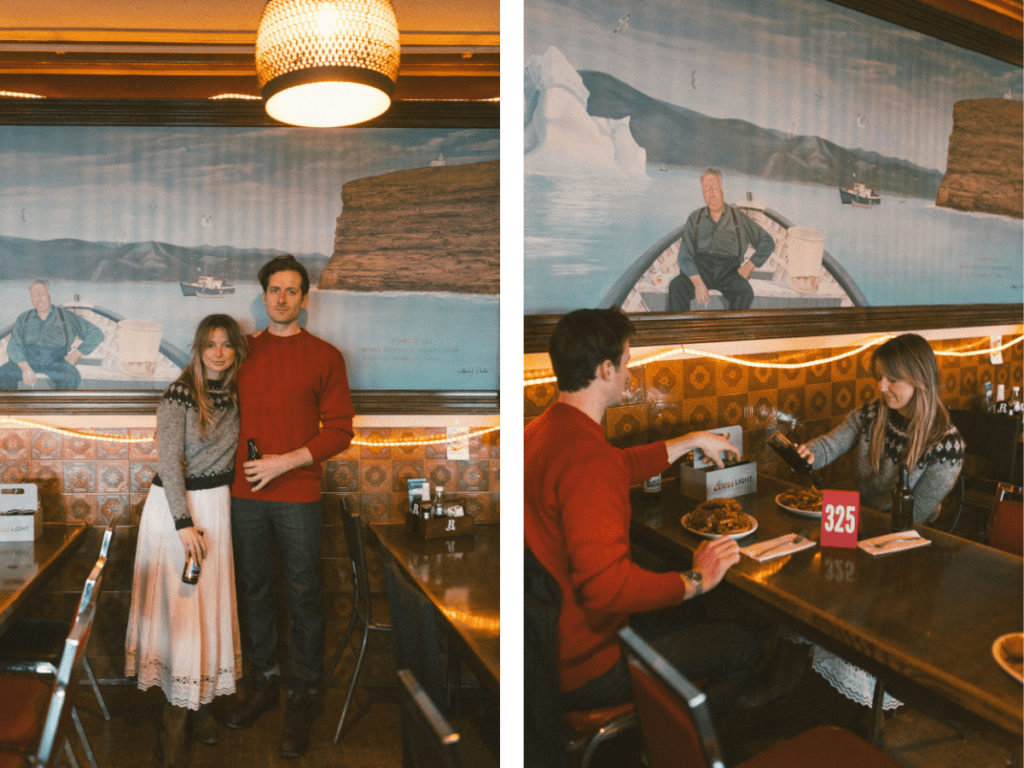 couple eat fish and chips at dive bar