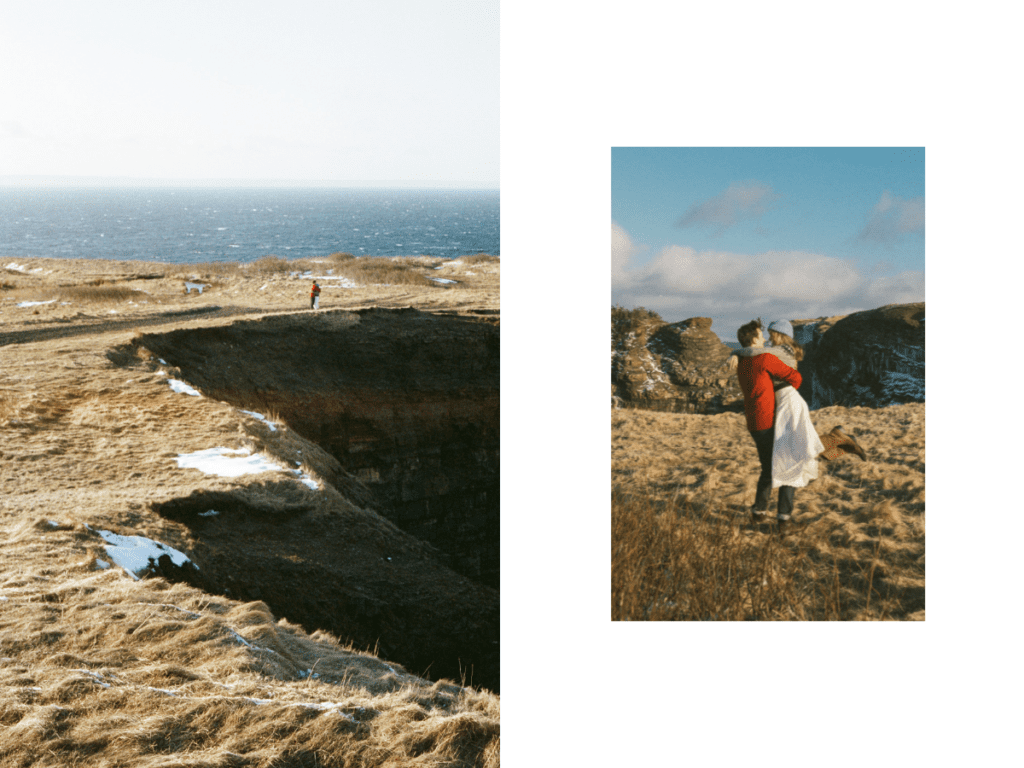 couple in wool sweaters embrace in the winter sun