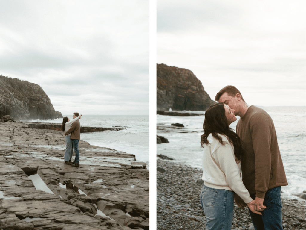 candid photo of a couple in hiking attire putting their arms around each other on a rocky shoreline in Newfoundland