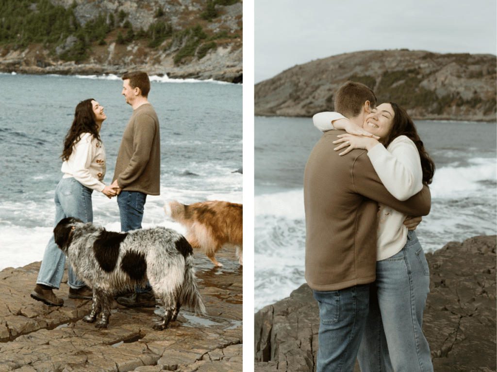 candid photo of a couple in jeans laughing on a rocky shore in Newfoundland