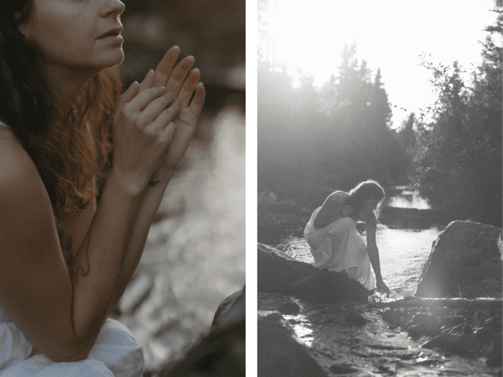 closely cropped photo of a woman's handswith a river running in the background