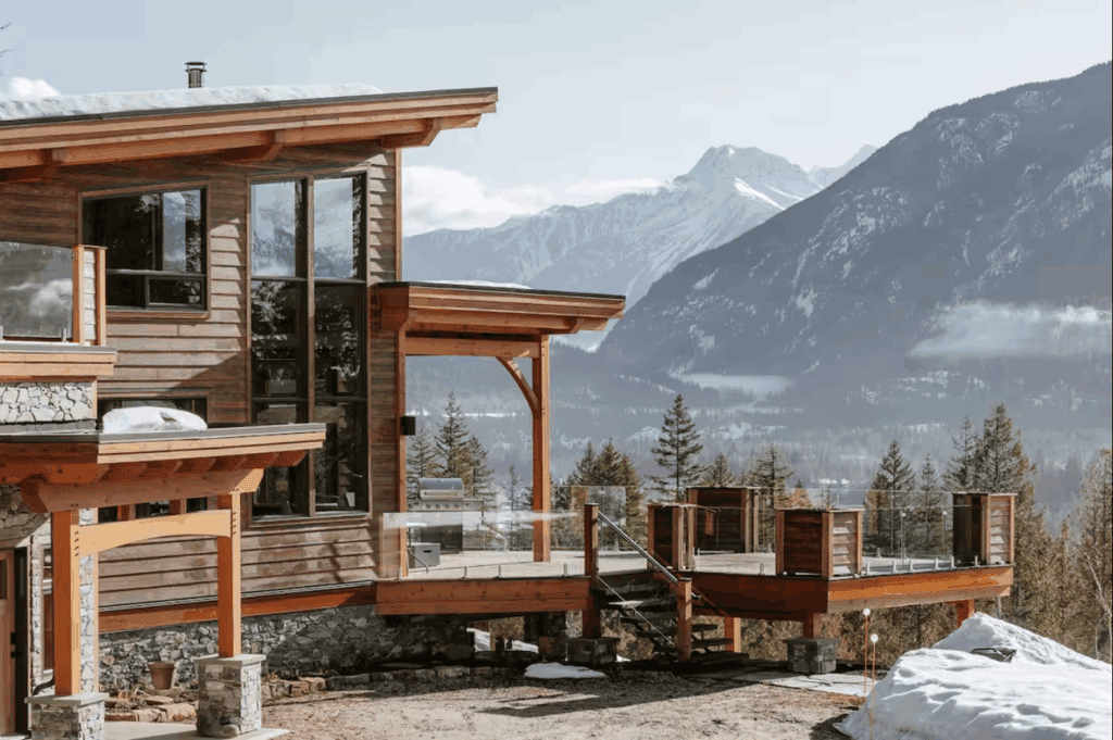 Large luxury ski chalet with big deck overlooking the Monashee Mountains in BC