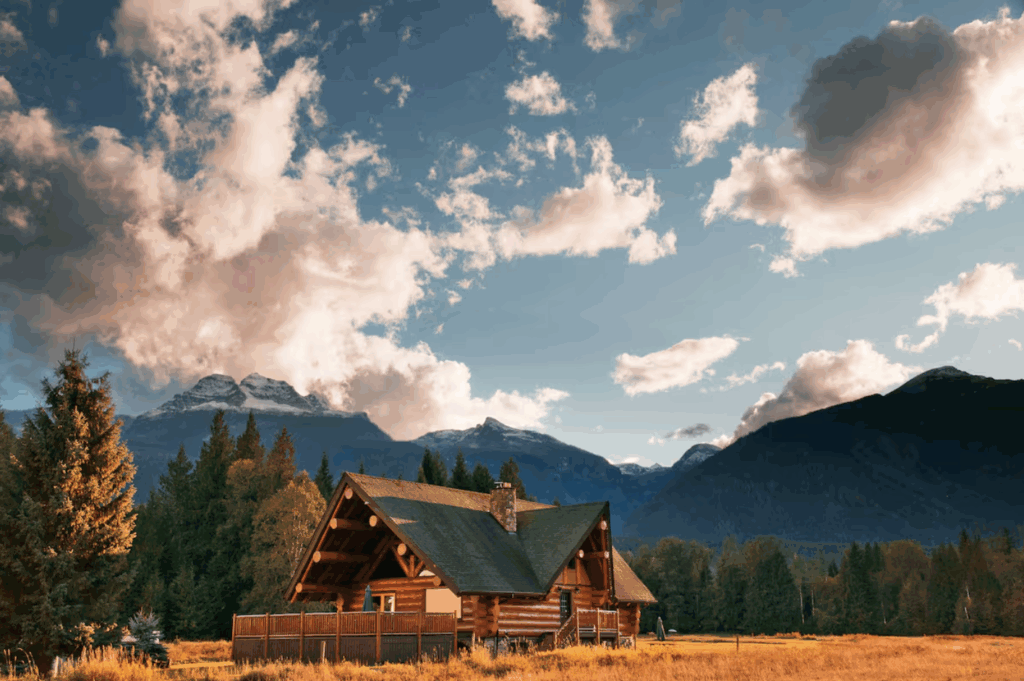 a log cabin sits in an open yellow field with Mount Begbie framed behind