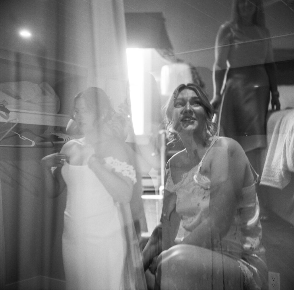 a triple exposure of a bride getting ready