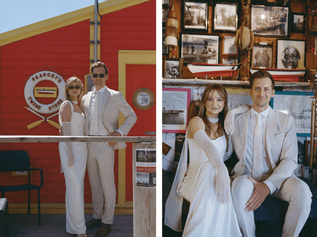 35 mm film photo of bride and groom standing in front of bright red fishing stage that says Pearvey's Twine Store