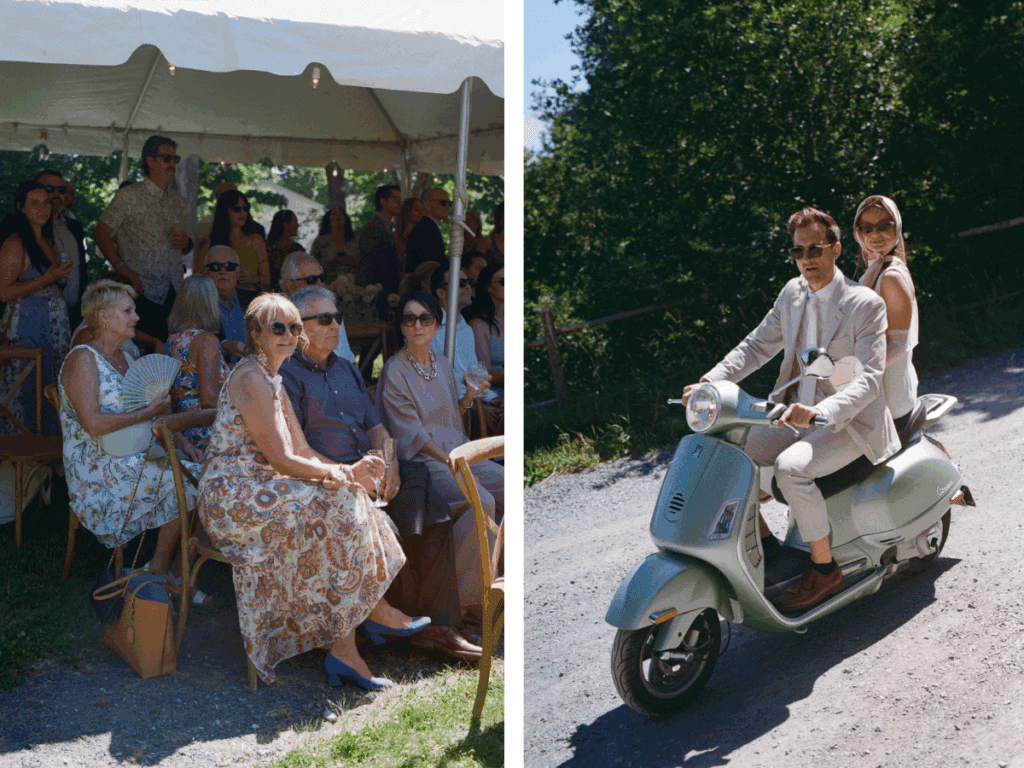 film photo of a bride and groom arriving to the ceremony on a vespa