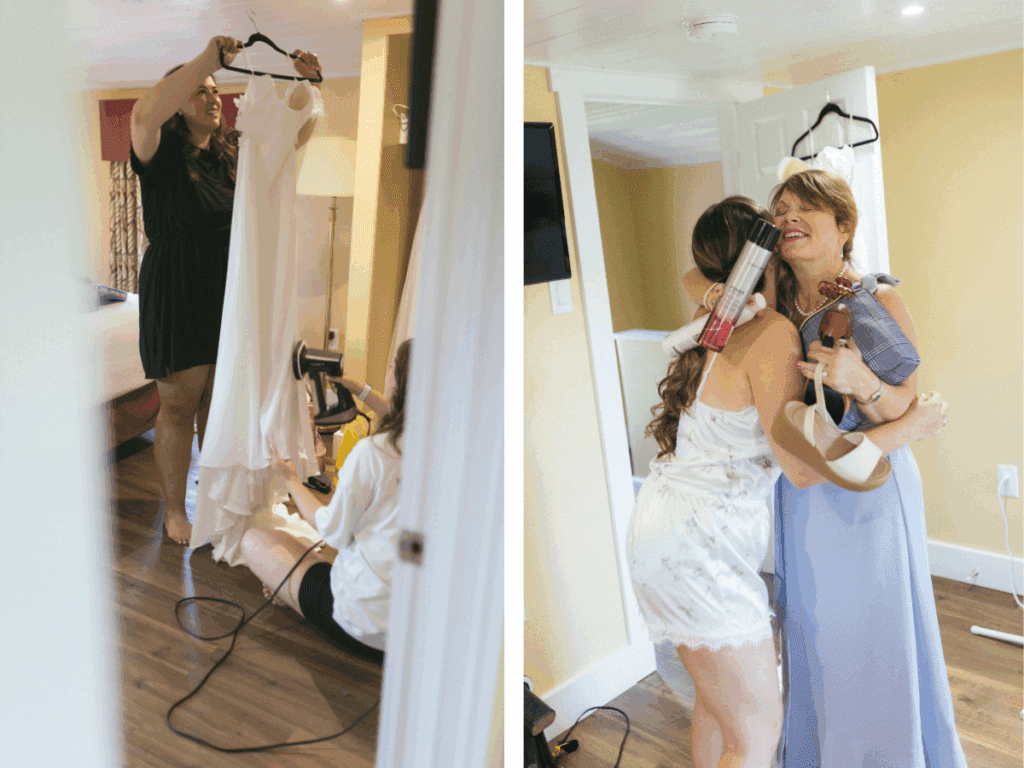 bride hugs her mom, whose arms are laden with hairspray and purses