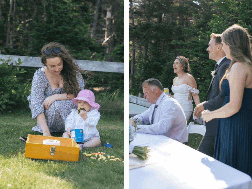 bride laughs while the officiant signs the registry