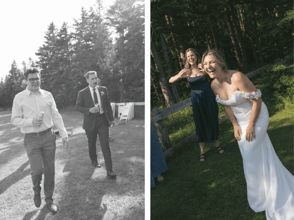 bride laughs with friends in the forest at Gros Morne wedding