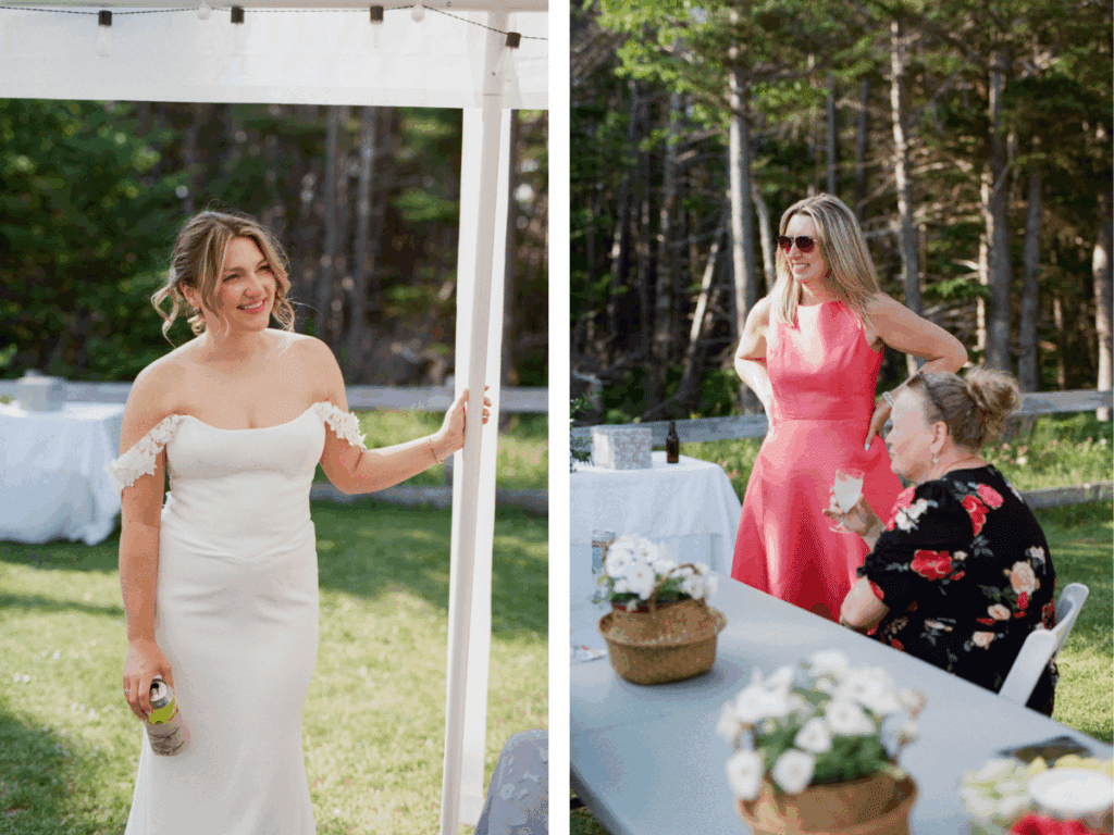 bride smiles as she chats with wedding guests at outdoor tent reception