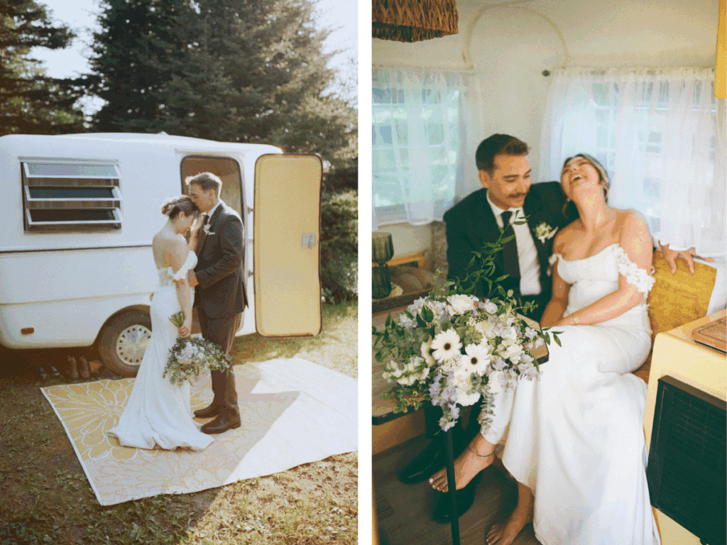 bride and groom laugh inside their 1973 Trillium camper