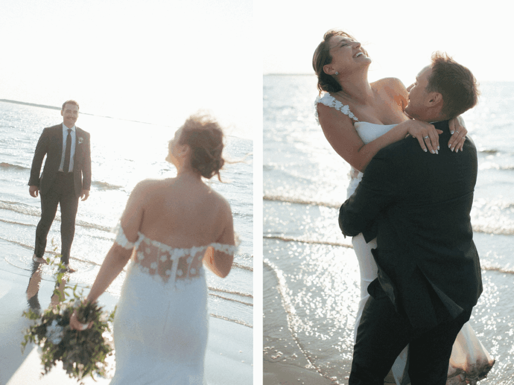 bride laughs as groom twirls her around on the beach at sunset