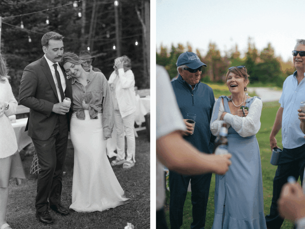 wedding guests laugh around the campfire at Gros Morne campground wedding