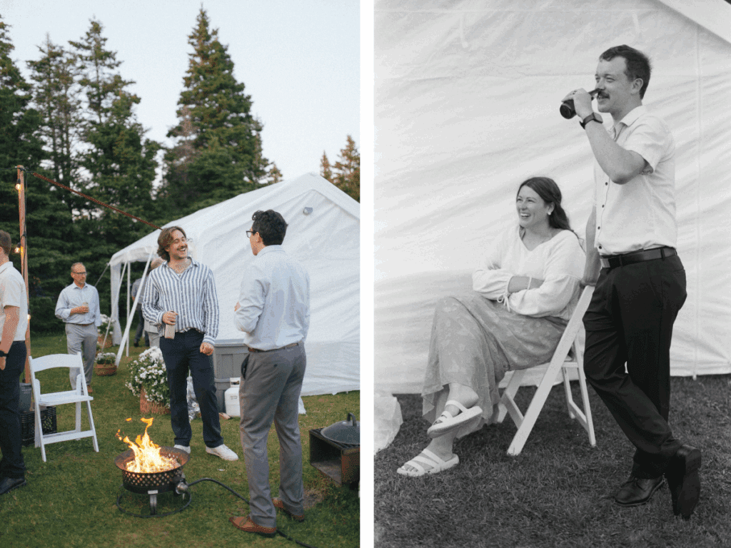 wedding guests laugh around the campfire at Gros Morne wedding