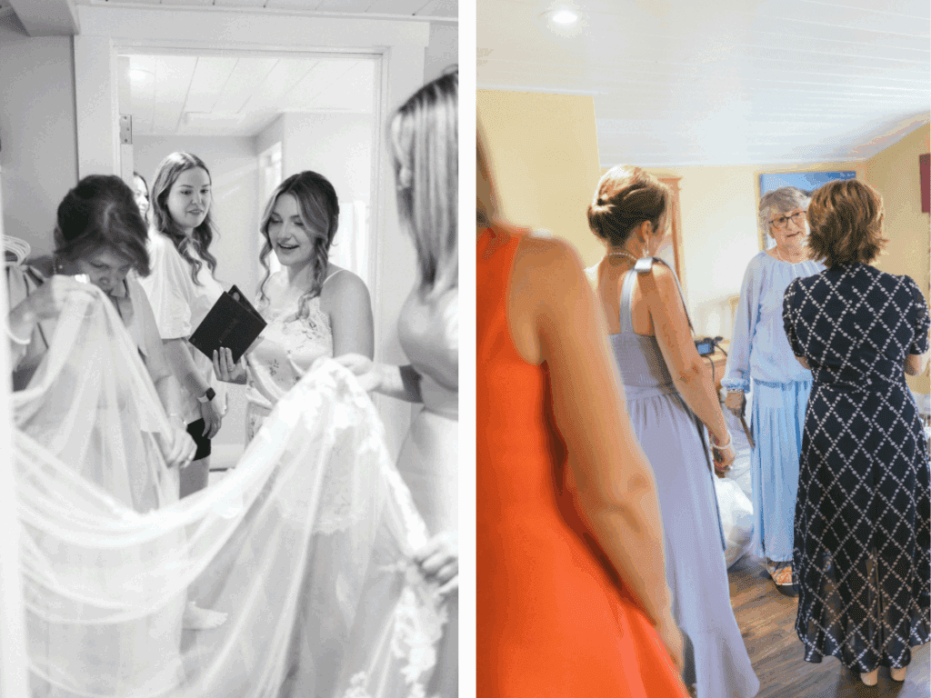 a group of women admire each others outfits