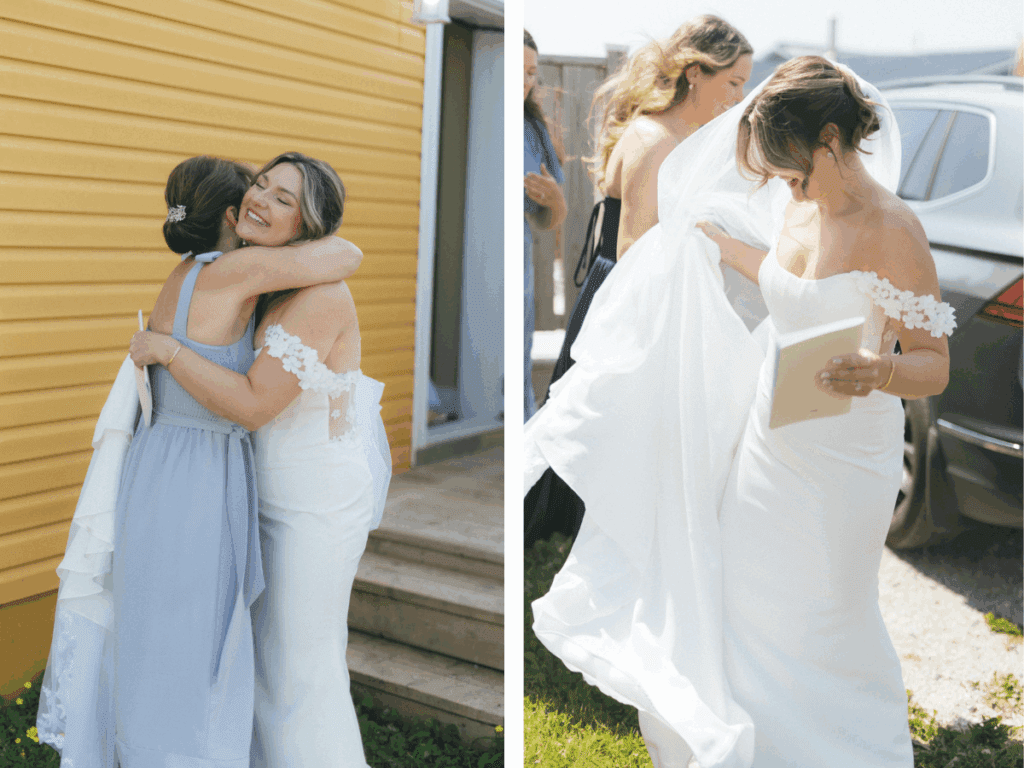 bride hugs her mom as she gets in the car
