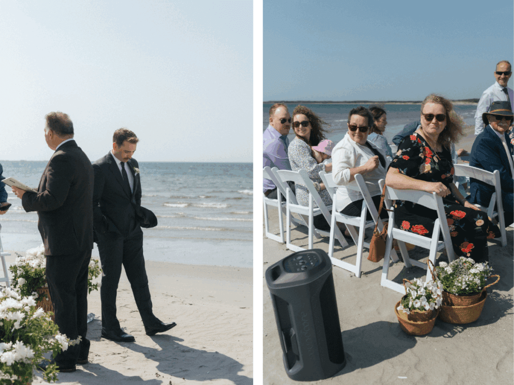 groom paces on a sandy beach as he waits for ceremony to begin