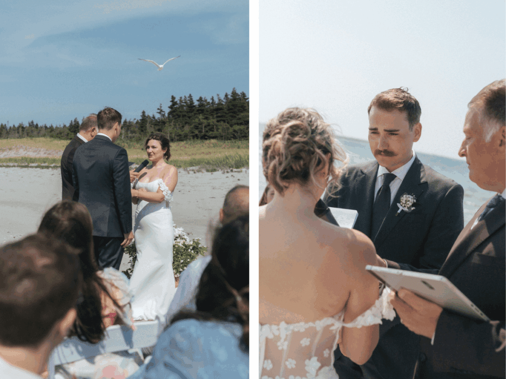 close shot of groom's emotional face as the bride reads her vows on the beach