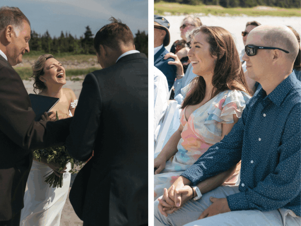 bride laughs while the groom reads his vows during beach ceremony in Newfoundland