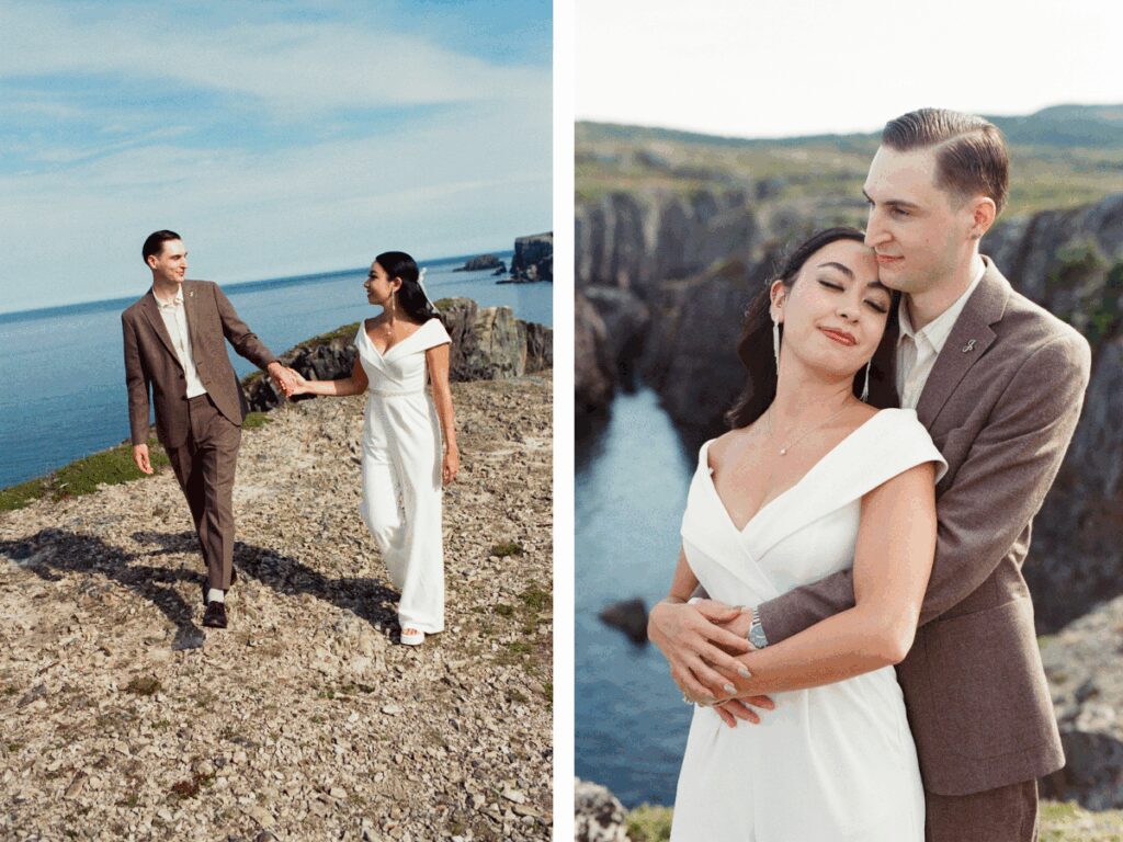 bride and groom walk along rocky cliff above the ocean