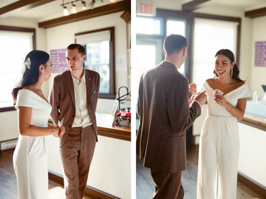 bride and groom laugh and eat ice cream in a gelato shop