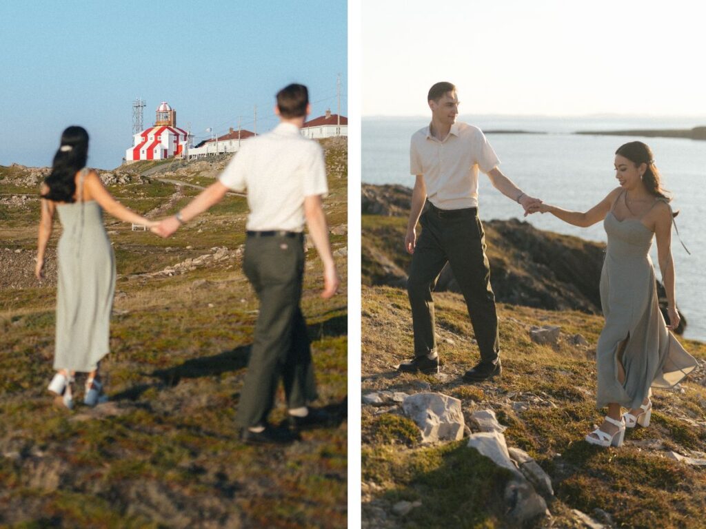 bride and groom walk along rocky cliff beside the Bonavista Lighthouse