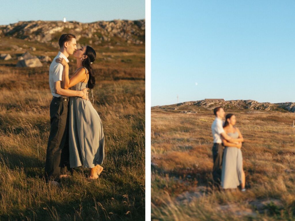 bride and groom kiss in a meadow of tall grass at sunset
