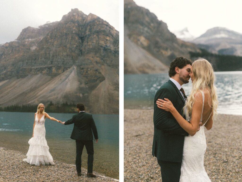 bride and groom kiss beside a mountain lake