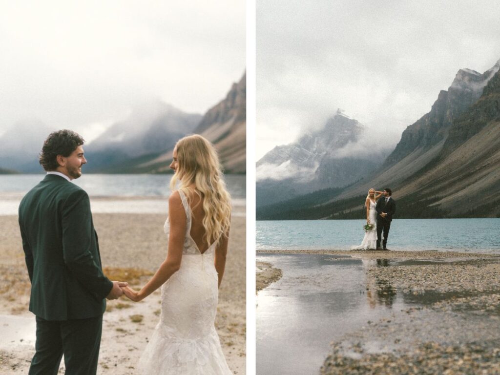 bride and groom hold hands and look out over the mountain views in Banff