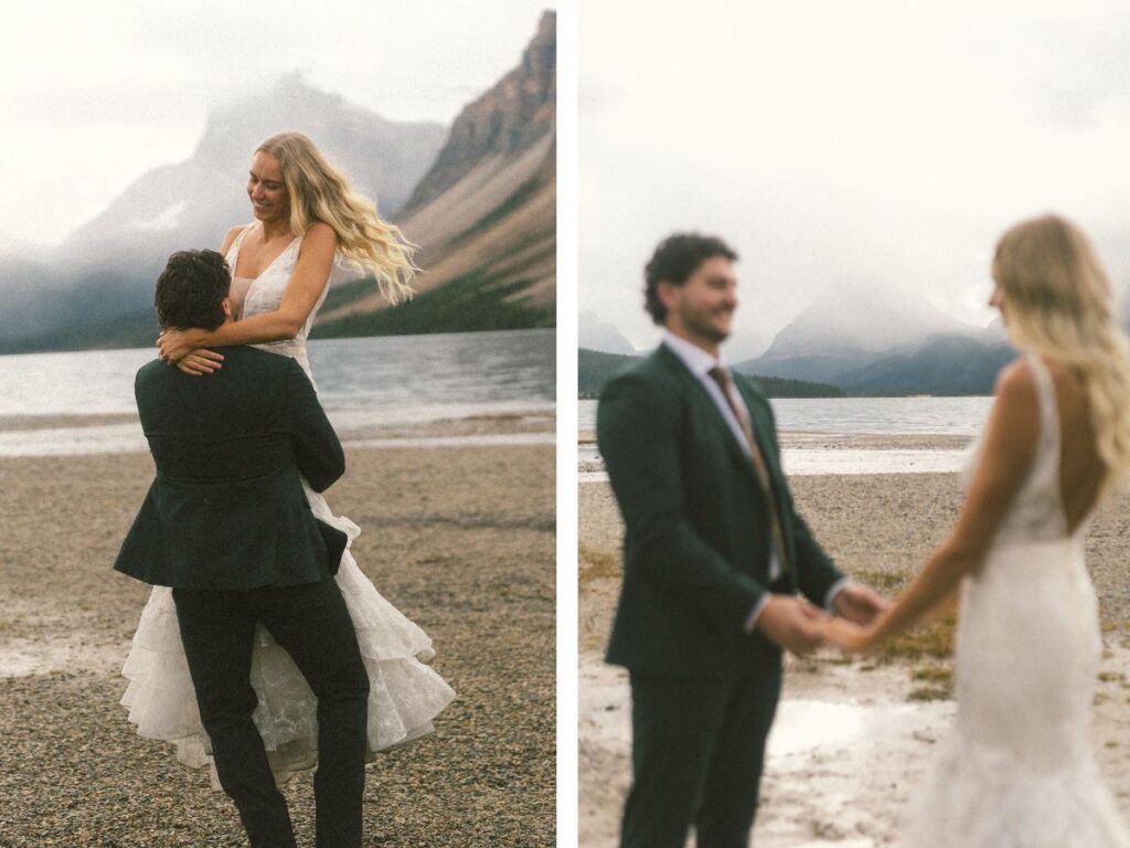 bride laughs as groom picks her up and spins her