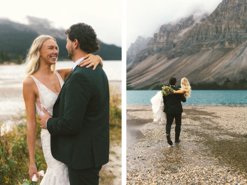 groom carries bride across the beach at Bow Lake to the water's edge