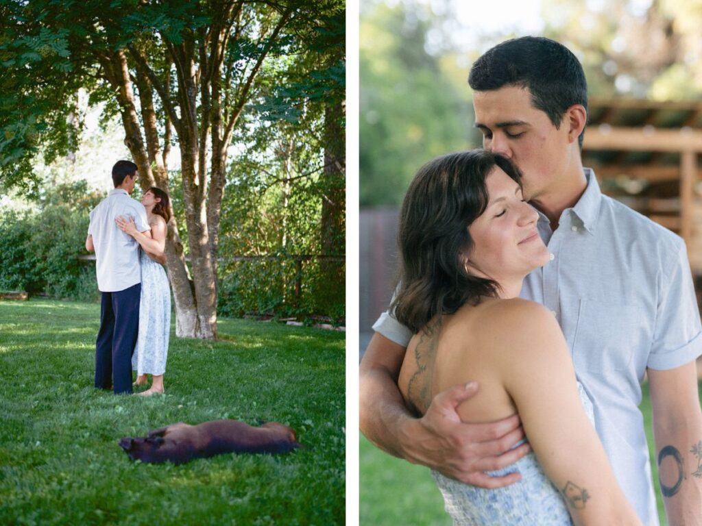 a man in a button down shirt kisses the hair of a woman in a blue dress
