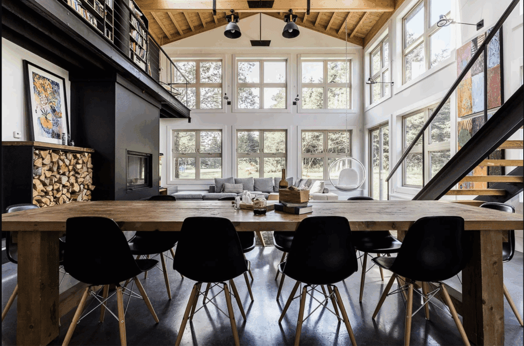 a big open room with a long dinner table and floor to ceiling windows and colourful art on the walls